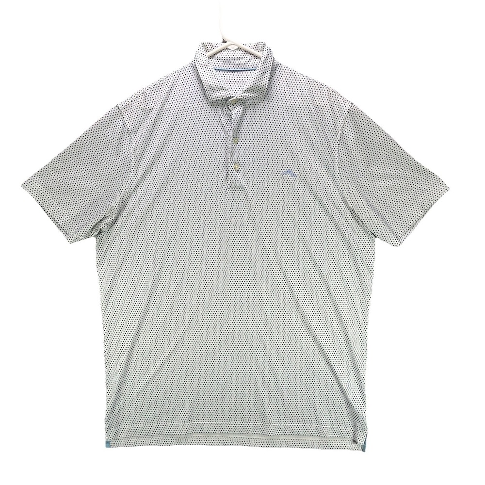 Johnnie O Performance Polo Shirt Mens Large White Blue Polka Dot Golf Stretch